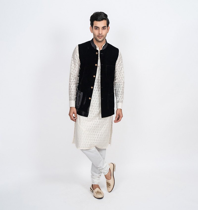 Black Velvet Bandhgala over Kurta Set