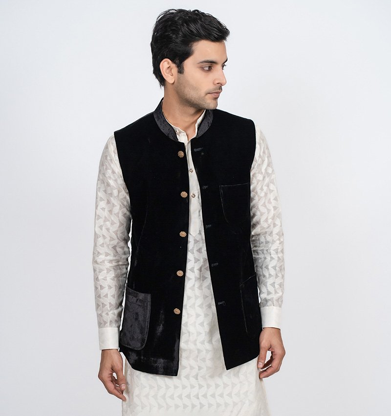 Black Velvet Bandhgala over Kurta Set