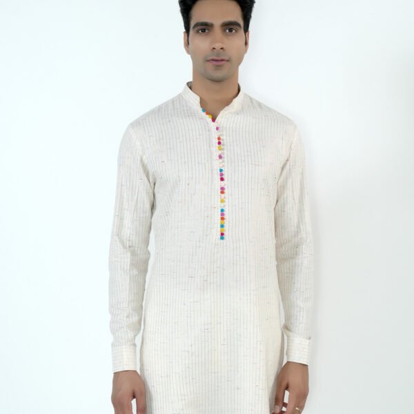 Ivory Kurta Set with Multi Coloured Hand Made Buttons