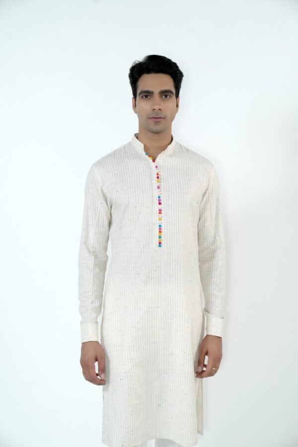 Ivory Kurta Set with Multi Coloured Hand Made Buttons