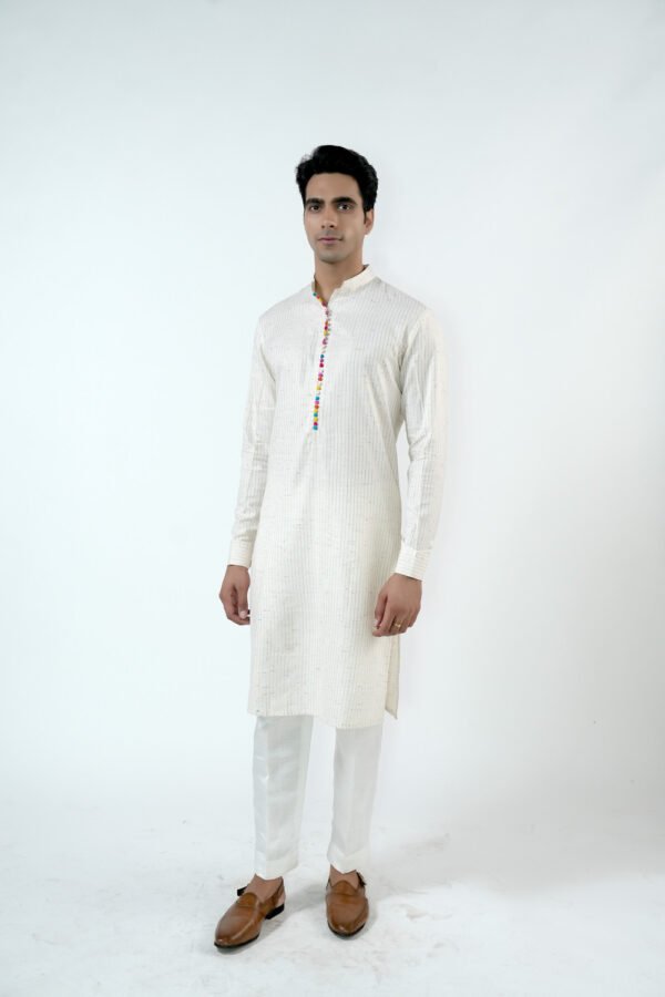 Ivory Kurta Set with Multi Coloured Hand Made Buttons - Image 4