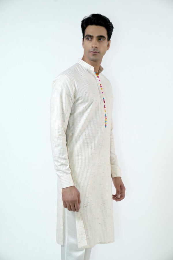 Ivory Kurta Set with Multi Coloured Hand Made Buttons - Image 3