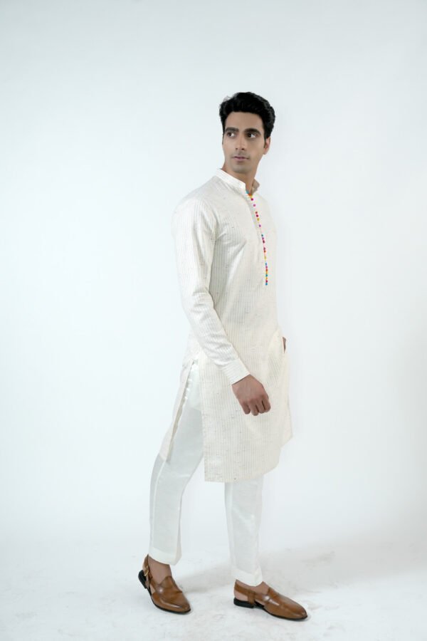 Ivory Kurta Set with Multi Coloured Hand Made Buttons - Image 2