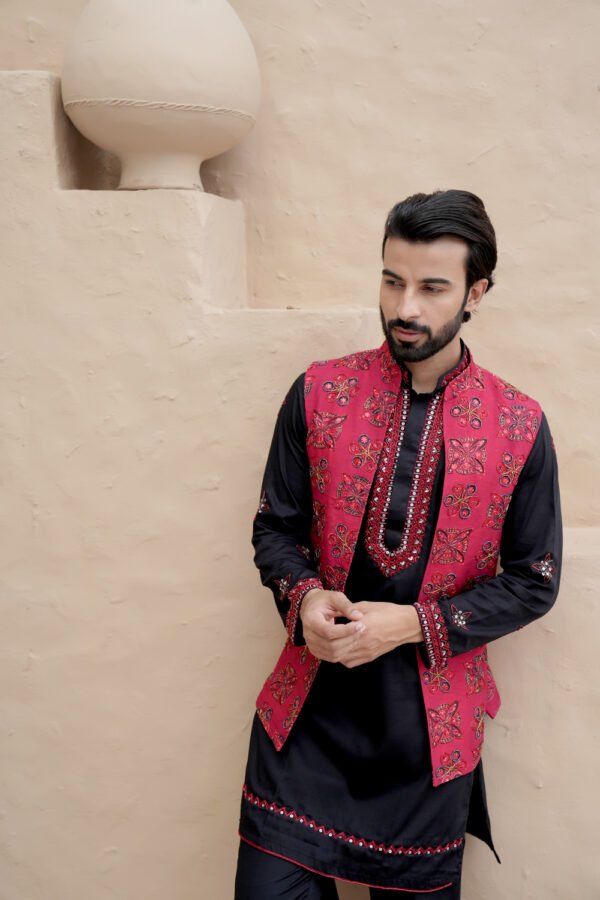 Ruby Red Ajrak Kurta Set - Image 3