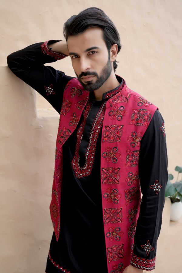 Ruby Red Ajrak Kurta Set - Image 2